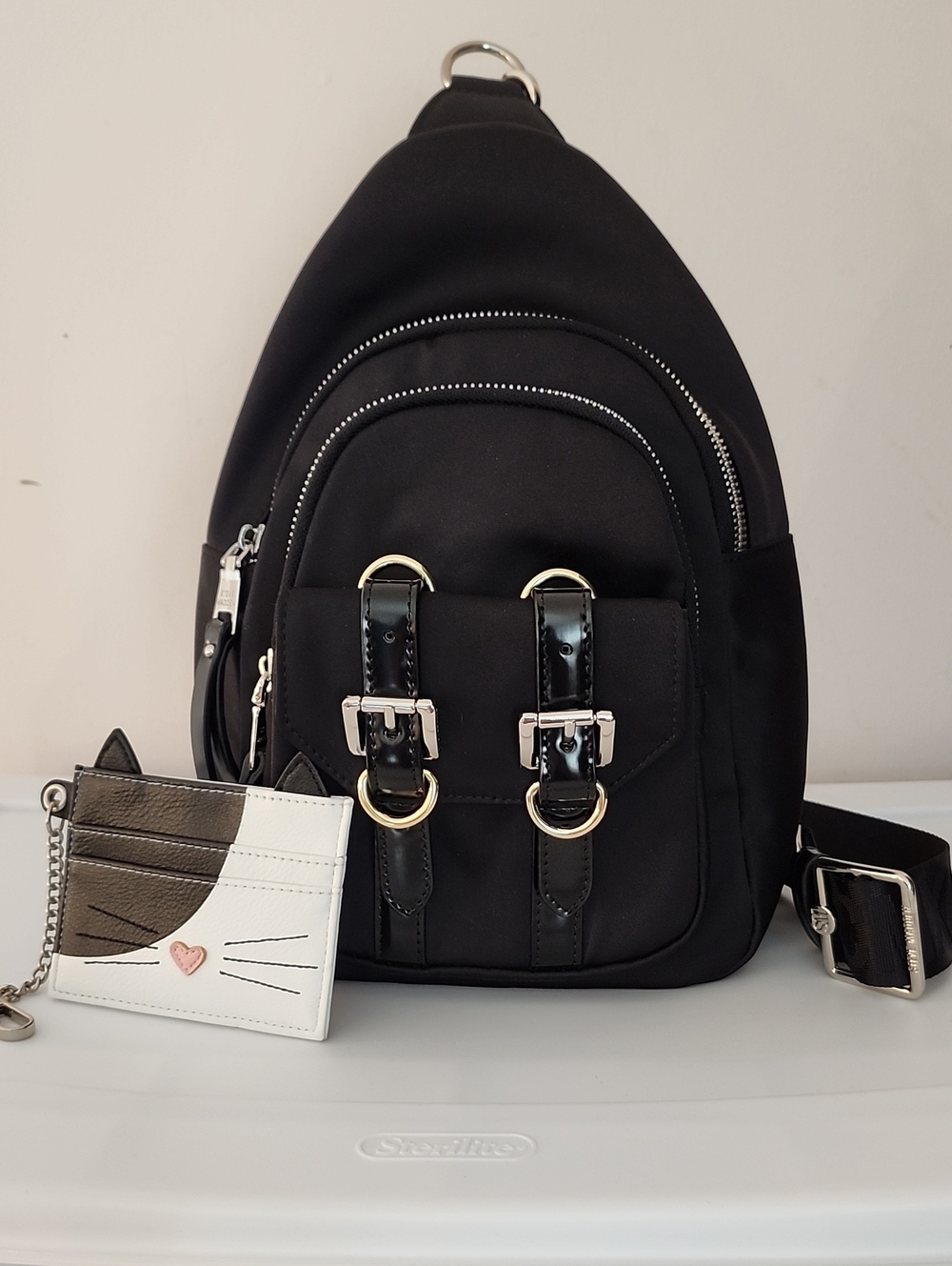 Steve Madden Neoprene Sling Bag w/Free SM Card Wallet Keychain (New)